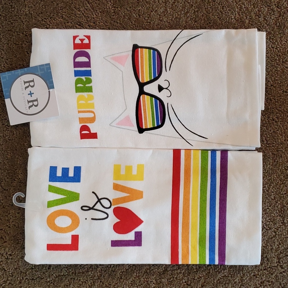 Lot of 2 Rainbow Pride Kitchen Hand Towels Love is Love Kitty Cat Purride NWT